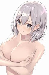 Rule 34 | 1girl, bad id, bad pixiv id, breasts, chun (sks rr), closed mouth, collarbone, commentary request, covering privates, covering breasts, green eyes, hair between eyes, highres, hololive, large breasts, looking at viewer, mole, mole on breast, nude, shirogane noel, short hair, silver hair, simple background, smile, solo, upper body, virtual youtuber, white background