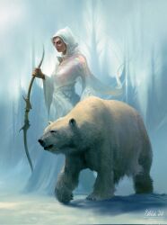 Rule 34 | 1girl, bear, blurry, blurry background, bow, breasts, cleavage, cloak, commentary, day, english commentary, fantasy, full body, highres, hood, hood up, long sleeves, medium breasts, original, outdoors, philipp urlich, polar bear, signature, snow, white cloak