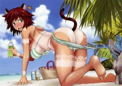 Rule 34 | 1girl, all fours, animal ears, ass, assisted exposure, barefoot, beach, bikini, blush, breasts, cleavage, artistic error, feet, fuetakishi, highres, kneeling, outdoors, solo, swimsuit, tail, tan, tanline, thighhighs, underboob, undressing