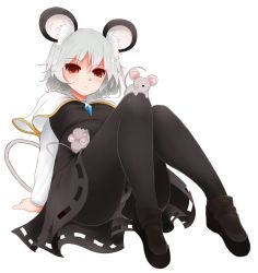 Rule 34 | 1girl, animal ears, arano oki, capelet, dress, mouse (animal), mouse ears, mouse tail, nazrin, panties, panties under pantyhose, pantyhose, red eyes, short hair, silver hair, simple background, solo, tail, touhou, underwear, white background