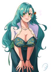 Rule 34 | 1girl, absurdres, aqua dress, aqua hair, blush, breasts, chloe (fire emblem), cleavage, commentary, cowboy shot, deliciousbrain, dress, earrings, fire emblem, fire emblem engage, green eyes, highres, jewelry, large breasts, leaning forward, long hair, looking at viewer, nintendo, official alternate costume, simple background, smile, solo, standing, very long hair, white background
