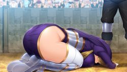 Rule 34 | 1boy, 1girl, ass, blonde hair, bowing, breast press, breasts, dogeza, ellis angel, feet, from side, game cg, habit, hair over eyes, huge breasts, huracan, kyonyuu onna senshi dogeza saimin, legs, long hair, nun, original, outdoors, prostration, solo focus, standing, thick thighs, thighhighs, thighs