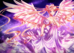 Rule 34 | 1girl, angel wings, axsen, bishoujo senshi sailor moon, blonde hair, blue eyes, blurry, clothes lift, crescent, crescent facial mark, double bun, dress, facial mark, feathers, holding, holding jewelry, holding necklace, jewelry, long dress, long hair, maboroshi no ginzuishou, necklace, princess serenity, signature, skirt, skirt lift, sky, solo, star (sky), starry sky, tiara, tsukino usagi, very long hair, watermark, web address, white dress, wings