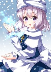Rule 34 | 1girl, :d, apron, blue dress, breath, dress, from side, gradient background, grey background, highres, juliet sleeves, letty whiterock, light purple hair, long sleeves, looking at viewer, open mouth, puffy sleeves, purple eyes, ruu (tksymkw), scarf, short hair, smile, snowing, solo, standing, touhou, waist apron, white apron, white headwear, white scarf
