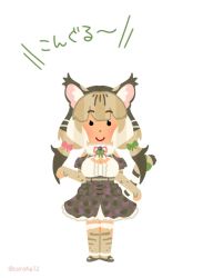Rule 34 | 1girl, animal costume, animal ear fluff, animal ears, bare shoulders, belt, cat ears, cat girl, cat tail, coroha, extra ears, fingerless gloves, gloves, grey hair, irasutoya, jungle cat (kemono friends), kemono friends, kemono friends v project, kneehighs, long hair, looking at viewer, microphone, multicolored hair, ribbon, scarf, shirt, shoes, simple background, skirt, smile, socks, solo, tail, twintails, virtual youtuber