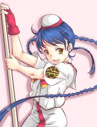 Rule 34 | 1girl, aika granzchesta, aria (manga), arm up, blue hair, blush, bow, bowtie, braid, breasts, commentary, cowboy shot, dress, eyelashes, fingerless gloves, gloves, hat, highres, himeya company uniform, holding, holding oar, long hair, looking to the side, mono9ron, oar, pink background, red bow, red bowtie, red gloves, red hat, sailor collar, shadow, short sleeves, single glove, small breasts, solo, twin braids, two-tone headwear, very long hair, white dress, white hat, yellow eyes