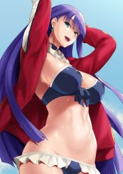 Rule 34 | 1girl, arms up, bikini, black bikini, blue eyes, breasts, choker, cleavage, earrings, fate/grand order, fate (series), groin, jacket, jewelry, large breasts, long hair, long sleeves, looking at viewer, lowleg, martha (fate), martha (swimsuit ruler) (fate), martha (swimsuit ruler) (second ascension) (fate), midori aoi, navel, open clothes, open jacket, open mouth, purple hair, red jacket, smile, swimsuit, wet