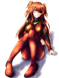 Rule 34 | 00s, 10s, 1girl, arm support, bad id, bad pixiv id, blue eyes, blush, bodysuit, breasts, clenched hand, closed mouth, evangelion: 2.0 you can (not) advance, evangelion: 3.0 you can (not) redo, eyepatch, hair between eyes, head tilt, headgear, kaima, knees together feet apart, knees up, long hair, looking at viewer, medium breasts, neon genesis evangelion, no gloves, orange hair, pilot suit, plugsuit, rebuild of evangelion, shadow, simple background, solo, souryuu asuka langley, turtleneck, twintails, two side up, very long hair, white background