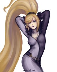 Rule 34 | arms up, bad id, bad pixiv id, belt, blonde hair, bodysuit, breasts, catsuit, cleavage, contrapposto, dated, heterochromia, high ponytail, hilda (under night in-birth), lipstick, long hair, makeup, naunen, purple lips, red eyes, smile, solo, standing, under night in-birth, very long hair, zipper
