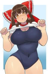 Rule 34 | 1girl, blue one-piece swimsuit, blush, bow, breasts, brown eyes, brown hair, cleavage, clothes lift, commentary request, cookie (touhou), covered navel, cowboy shot, frilled bow, frilled hair tubes, frills, grey one-piece swimsuit, hair bow, hair tubes, hakurei reimu, kanna (cookie), large breasts, lifted by self, long hair, looking at viewer, mo-fu, one-piece swimsuit, open mouth, red bow, school swimsuit, shiny skin, shirt, shirt lift, sidelocks, solo, swimsuit, touhou, white shirt
