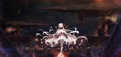 Rule 34 | 10s, 1girl, absurdly long hair, abyssal ship, aircraft carrier, bae.c, boyogo, breasts, cleavage, collar, colored skin, commentary, covered mouth, curtsey, dark, dress, enemy aircraft (kancolle), fangs, fire, glowing, glowing eyes, high heels, highres, horns, kantai collection, large breasts, long hair, looking at viewer, machinery, midway princess, military, military vehicle, night, orange eyes, pale skin, scenery, ship, skirt hold, solo, spacecraft, spacecraft interior, spiked collar, spikes, steam, teeth, very long hair, warship, watercraft, white dress, white hair, white skin