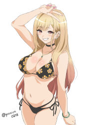 Rule 34 | 1girl, arm up, armpit peek, barbell piercing, bead bracelet, beads, bikini, black bikini, black choker, blonde hair, bracelet, breasts, choker, cleavage, colored tips, ear piercing, earrings, fingernails, floral print, hand on own head, highres, industrial piercing, jewelry, kitagawa marin, large breasts, long fingernails, long hair, multi-strapped bikini bottom, multicolored hair, multiple earrings, nail polish, navel, necklace, parted lips, piercing, pink hair, pink nails, red eyes, ring, simple background, smile, sono bisque doll wa koi wo suru, standing, stomach, stud earrings, swimsuit, twitter username, two-tone hair, v, v over head, very long hair, white background, yuuuun0218