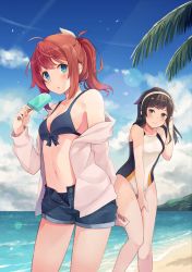 Rule 34 | 2girls, :o, ahoge, aqua eyes, arm behind back, bare shoulders, beach, bikini, bikini under clothes, blue bikini, blue sky, blush, bow, bow bikini, breasts, brown hair, cloud, collarbone, competition swimsuit, contrapposto, day, denim, denim shorts, dripping, food, groin, hair ears, tucking hair, hairband, hand on own thigh, hand up, head tilt, highres, holding, horizon, kibashiba, knees together feet apart, lens flare, long hair, looking at viewer, mountainous horizon, multiple girls, navel, ocean, off shoulder, one-piece swimsuit, open clothes, open shorts, original, outdoors, palm tree, ponytail, popsicle, red hair, short shorts, shorts, sidelocks, sky, small breasts, smile, standing, sunlight, swimsuit, tree, unbuttoned, unzipped