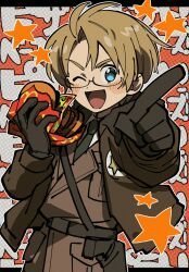 Rule 34 | 1boy, america (hetalia), axis powers hetalia, black gloves, black necktie, blue eyes, blush, brown gloves, brown hair, burger, collared shirt, food, glasses, gloves, highres, holding, holding food, index finger raised, jacket, long sleeves, looking at viewer, male focus, necktie, one eye closed, open clothes, open jacket, open mouth, sameyama jiro, shirt, star (symbol), white shirt