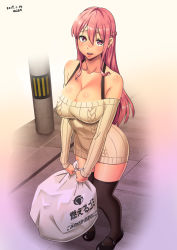 Rule 34 | 1girl, alsea, black thighhighs, breasts, cleavage, dress, full body, has bad revision, has downscaled revision, large breasts, long hair, looking at viewer, mary janes, md5 mismatch, original, pink eyes, pink hair, resolution mismatch, ribbed dress, ribbed sweater, shoes, short dress, solo, source smaller, sweater, sweater dress, thighhighs