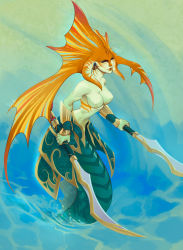 Rule 34 | 1girl, antennae, armor, blue eyes, bracer, breasts, colored sclera, dota (series), dota 2, dual wielding, earrings, faulds, female focus, fins, gradient background, head fins, highres, holding, jewelry, lamia, large breasts, lips, monster girl, naga siren (dota), no nipples, nose, solo, suguro, sword, topless, weapon, yellow sclera