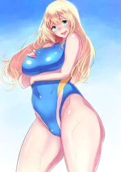 Rule 34 | 10s, atago (kancolle), bifidus, blonde hair, blue eyes, blue sky, breast hold, breasts, competition swimsuit, day, hair blowing, hand on own chest, kantai collection, long hair, looking at viewer, one-piece swimsuit, shiny skin, sky, smile, solo, swimsuit, tight clothes