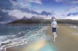 Rule 34 | 1girl, :d, beach, black shorts, blue sky, clenched hands, cloud, cloudy sky, fence, flower, footprints, game cg, green eyes, green sleeves, hair flower, hair ornament, highres, jogging, lens flare, link! like! love live!, long hair, looking ahead, love live!, official art, open mouth, otomune kozue, purple hair, red flower, sand, shirt, shoes, short sleeves, shorts, side ponytail, sidelocks, sky, smile, sneakers, solo, third-party source, virtual youtuber, white footwear, white shirt, wide shot