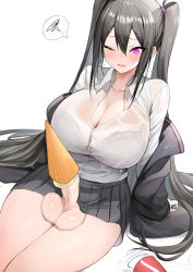 Rule 34 | 1futa, absurdres, black hair, black jacket, black skirt, blush, bra visible through clothes, breasts, cleavage, collarbone, collared shirt, dress shirt, food on body, food on penis, futanari, hair between eyes, highres, ice cream cone, jacket, large breasts, long hair, long sleeves, luse maonang, off shoulder, one eye closed, open clothes, open jacket, open mouth, original, penis, pleated skirt, purple eyes, shirt, sidelocks, sitting, skirt, smile, solo, spoken squiggle, squiggle, testicles, thighs, tsurime, twintails, uncensored, wet, wet clothes, white shirt, yuuki nanase