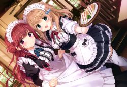 Rule 34 | 2girls, :d, absurdres, apron, blue eyes, blue neckwear, brown hair, commentary request, curtsey, dress, dutch angle, flower, food, hair flower, hair ornament, highres, holding, holding tray, huge filesize, indoors, juliet sleeves, kimishima ao, long dress, long hair, long sleeves, looking at viewer, maid, maid apron, maid headdress, momoi saki, multiple girls, neck ribbon, open mouth, original, parsley, puffy sleeves, purple eyes, red hair, red ribbon, ribbon, sandwich, shirayuri riko, short sleeves, skirt hold, smile, thighhighs, tray, white legwear, window