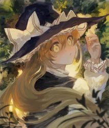 Rule 34 | 1girl, :/, blonde hair, bow, ella20001019, forest, grass, hair between eyes, hand up, hat, hat bow, highres, kirisame marisa, long hair, looking at viewer, nature, outdoors, solo, touhou, tree, upper body, white bow, witch hat, yellow eyes
