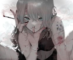 Rule 34 | 1girl, bandaged arm, bandaged head, bandages, black nails, blood, blood on face, blue eyes, bracelet, bruise, cigarette, female focus, grey hair, grin, head rest, holding, holding cigarette, hunched over, injury, jewelry, looking at viewer, nail polish, navel, nosebleed, original, pale skin, parted lips, ring, scratches, smile, smoke, smoking, solo, sports bra, wakt