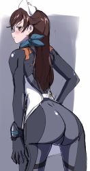 Rule 34 | 1girl, artist request, ass, ass focus, blush, bodysuit, brown eyes, brown hair, evangelion: 3.0+1.0 thrice upon a time, grey bodysuit, hat, highres, long hair, looking at viewer, looking back, neon genesis evangelion, plugsuit, rebuild of evangelion, shiny clothes, simple background, solo, suzuhara sakura