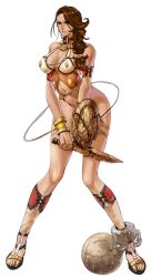 Rule 34 | 10s, 1girl, armlet, armor, ball and chain restraint, battle damage, branwen (queen&#039;s blade), breasts, brown hair, cleavage, collar, cracked sword, damaged ball and chain restraint, damaged shield, damaged sword, damaged weapon, full body, highres, large breasts, lioncabbage, long hair, queen&#039;s blade, queen&#039;s blade rebellion, sandals, scratched sword, shield, slave, solo, sword, tattoo, transparent background, weapon