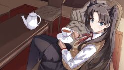 Rule 34 | 1girl, black hair, black pantyhose, black ribbon, black skirt, blue eyes, blush, brown vest, collared shirt, commentary, couch, cup, fate/stay night, fate (series), feet out of frame, from side, hair ribbon, highres, holding, holding cup, holding plate, indoors, long hair, long sleeves, looking at viewer, neck ribbon, official alternate costume, on couch, pantyhose, parted bangs, parted lips, plate, red ribbon, ribbon, school uniform, shirt, sidelocks, sitting, sketch, skirt, solo, tea, teacup, teapot, tohsaka rin, tsurime, vest, white shirt, yanagi marie