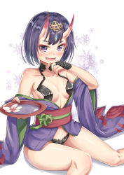 Rule 34 | 1girl, alcohol, blush, breasts, cenangam, cup, drooling, eyebrows, fang, fate/grand order, fate (series), flower, horns, japanese clothes, looking at viewer, oni, open mouth, purple eyes, purple hair, sakazuki, sake, short hair, shuten douji (fate), skin-covered horns, slit pupils, small breasts, smile, solo, wide sleeves