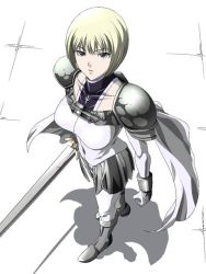 Rule 34 | 00s, 1girl, armor, bad id, bad pixiv id, blonde hair, bob cut, bodysuit, boots, breasts, cape, clare (claymore), claymore (series), claymore (sword), elbow gloves, from above, gloves, grey eyes, knee boots, large breasts, looking up, noriheita, shadow, short hair, skirt, solo, standing, sword, turtleneck, weapon