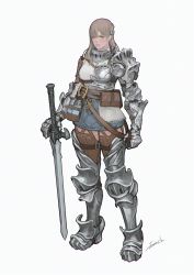 Rule 34 | 1girl, absurdres, armor, artist name, breasts, brown hair, clenched hand, fantasy, female knight, green eyes, grey background, highres, holding, holding sword, holding weapon, knight, long hair, looking at viewer, medium breasts, original, solo, sonech, standing, sword, weapon
