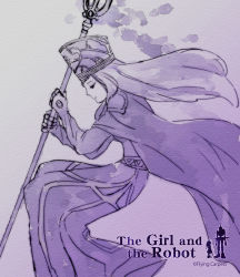Rule 34 | 1girl, cape, copyright name, dress, english text, hat, logo, long hair, monaka (siromona), monochrome, purple theme, solo, staff, the evil queen (gnr), the girl and the robot