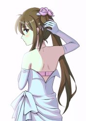 Rule 34 | 1girl, absurdres, ahoge, back, bare shoulders, bell, blush, brown hair, commentary request, cowboy shot, dress, elbow gloves, eyes visible through hair, flower, from behind, gloves, hair between eyes, hair flower, hair ornament, hair ribbon, hand up, highres, jewelry, jingle bell, lips, little busters!, long hair, looking at viewer, looking back, natsume rin, necklace, pink flower, pink ribbon, piyo (kinkooo333), ponytail, profile, red eyes, ribbon, sidelighting, sideways glance, simple background, solo, very long hair, wedding dress, white background, white dress, white gloves
