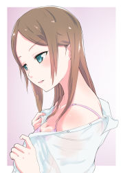 Rule 34 | 1girl, blue eyes, bra, breasts, brown hair, cleavage, dress shirt, from side, highres, original, parted lips, pink bra, shirt, solo, solvalou, underwear, undressing