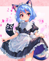 Rule 34 | 1girl, absurdres, animal ear fluff, animal ears, apron, black dress, blue hair, blush, cat ears, cat girl, cat tail, character request, check character, chibi yami, closed mouth, commentary request, dress, frilled apron, frilled dress, frills, futaba channel, highres, maid, maid apron, maid headdress, nijiura maids, puffy short sleeves, puffy sleeves, red eyes, short hair, short sleeves, skirt hold, smile, solo, tail, tsukiyono aroe, waist apron, white apron