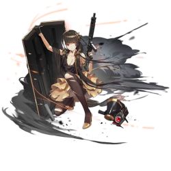 Rule 34 | 1girl, arm up, artist request, black gloves, black hair, breasts, cleavage, closed mouth, collarbone, colt 9mm smg, damaged, dinergate (girls&#039; frontline), dress, eyes visible through hair, full body, girls&#039; frontline, gloves, gold footwear, gun, heterochromia, holding, holding gun, holding weapon, long hair, looking at viewer, megaphone, multicolored hair, official alternate costume, official art, on one knee, pantyhose, red eyes, ro635 (enforcer of the law) (girls&#039; frontline), ro635 (girls&#039; frontline), shoes, single glove, sitting, skirt, sleeveless, sleeveless dress, smoke, solo, streaked hair, submachine gun, sweat, torn clothes, torn pantyhose, transparent background, trigger discipline, twintails, very long hair, weapon, white hair, yellow eyes