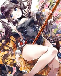 Rule 34 | 1girl, bare shoulders, black dress, blue eyes, blunt bangs, blurry, blurry background, blush, breasts, china dress, chinese clothes, cleavage, closed mouth, detached sleeves, dress, fate/grand order, fate (series), floral print, flower, flute, hair ornament, instrument, large breasts, leaf hair ornament, long hair, pipa (instrument), purple hair, side slit, sidelocks, smile, solo, thighs, twintails, very long hair, white background, yane (gokuderanyan), yang guifei (fate), yang guifei (second ascension) (fate)
