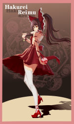 Rule 34 | 1girl, absurdres, adapted costume, alternate costume, backless dress, backless outfit, bell, border, bow, breasts, brown eyes, brown hair, candy, character name, dress, food, full body, hair bow, hair tubes, hakurei reimu, high heels, highres, lollipop, long hair, looking at viewer, looking back, medium breasts, ponytail, red dress, red footwear, ribbon, shadow, sidelocks, sleeveless, sleeveless dress, solo, standing, standing on one leg, thighhighs, thighs, tongue, tongue out, touhou, white thighhighs, wristband, yin yang, yue ling yu