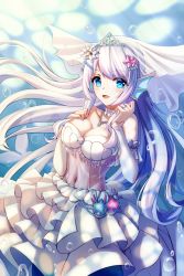 Rule 34 | 1girl, absurdres, blue eyes, breasts, bridal veil, bubble, cleavage, collarbone, covered navel, doris (hololive), dress, fins, floating hair, flower, hair flower, hair ornament, hand on own chest, head fins, highres, hololive, hololive china, huge filesize, jinse fu yaojing, long hair, medium breasts, mermaid, monster girl, open mouth, silver hair, smile, solo, starfish hair ornament, sunlight, tiara, underwater, veil, virtual youtuber, wedding dress, white dress, white flower