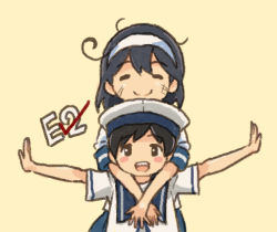 Rule 34 | 2girls, ahoge, black hair, blue sailor collar, blush stickers, brown eyes, brown hair, comic, closed eyes, hachimaki, hat, headband, hiburi (kancolle), hug, hug from behind, kantai collection, long hair, looking at viewer, multiple girls, open mouth, outstretched arms, outstretched wrists, remodel (kantai collection), saiguchi otoufu, sailor collar, sailor hat, sailor shirt, school uniform, serafuku, shirt, short hair, short sleeves, smile, spread arms, ushio (kancolle), yellow background