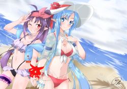 Rule 34 | 2girls, absurdres, asuna (sao-alo), bare arms, beach, bikini, black bikini, blue eyes, blue hair, blush, bow, breasts, choker, cleavage, closed mouth, collarbone, criss-cross halter, day, floating hair, flower, gluteal fold, grin, groin, hair bow, halterneck, hat, hat flower, hat ribbon, headband, hibiscus, highleg, highleg bikini, highres, holding hands, long hair, looking at viewer, maximum7010, medium breasts, multiple girls, navel, one eye closed, outdoors, pink bow, pink headband, pointy ears, purple hair, red bikini, red eyes, red flower, red ribbon, ribbon, ribbon choker, signature, smile, sparkle, sun hat, swimsuit, sword art online, thigh strap, very long hair, w, white headwear, white ribbon, yuuki (sao)