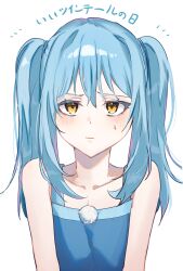 Rule 34 | 1other, alternate hairstyle, androgynous, bare arms, blue hair, blue shirt, blush, chocoeiru, closed mouth, collarbone, frown, hair between eyes, highres, long hair, looking at viewer, rimuru tempest, shirt, simple background, sketch, sleeveless, sleeveless shirt, sweatdrop, tensei shitara slime datta ken, twintails, upper body, white background, yellow eyes