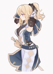 Rule 34 | 1girl, absurdres, adjusting hair, blonde hair, blue capelet, blue eyes, breasts, capelet, detached sleeves, favonius sword (genshin impact), genshin impact, highres, jean (genshin impact), jean (gunnhildr&#039;s legacy) (genshin impact), long hair, medium breasts, origami gyokuo, pants, ponytail, sidelocks, solo, tight clothes, tight pants, vision (genshin impact), white pants