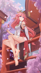 Rule 34 | 1girl, absurdres, animal ears, anklet, bare legs, barefoot, breasts, closed mouth, detached sleeves, dress, electricity, extra ears, feet, from below, full body, genshin impact, hair between eyes, hair ornament, highres, jewelry, long hair, long sleeves, medium breasts, nail polish, outdoors, pink hair, pink nails, purple eyes, sitting, solo, toenail polish, toenails, tree, very long hair, white dress, yae miko, zhifeng zhixia