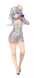 Rule 34 | 1girl, ajidot, amane kanata, black choker, black footwear, blue hair, breasts, cellphone, choker, collarbone, covered navel, dress, full body, grey dress, grey hair, hair between eyes, highres, holding, holding phone, hololive, long sleeves, looking at viewer, mini wings, multicolored hair, nervous smile, phone, purple eyes, shoes, simple background, single hair intake, sleeves past wrists, small breasts, smile, solo, sweat, two-tone hair, virtual youtuber, white background, white wings, wings