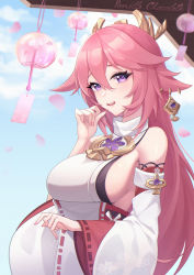 Rule 34 | 1girl, :d, absurdres, bare shoulders, blue sky, blush, breasts, cloud, day, detached sleeves, genshin impact, hair between eyes, hair flaps, hand up, highres, large breasts, long hair, long sleeves, looking at viewer, nontraditional miko, open mouth, petals, pink hair, purple eyes, shirt, sky, sleeveless, sleeveless shirt, smile, solo, turtleneck, upper body, vanilla chocolate, very long hair, white shirt, wide sleeves, wind chime, yae miko