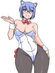 Rule 34 | 1girl, 2k-tan, bare shoulders, black pantyhose, blue eyes, blue hair, bow, bowtie, breasts, cleavage, closed mouth, collarbone, covered navel, cowboy shot, detached collar, glasses, hair between eyes, hand up, headgear, highleg, highleg leotard, highres, legs apart, leotard, medium breasts, os-tan, pantyhose, pink lips, red bow, red bowtie, red ribbon, ribbon, ruriwo (ruriwo1894), short hair, simple background, smile, solo, split mouth, standing, strapless, strapless leotard, white background, white leotard, wrist cuffs
