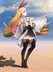 Rule 34 | 1girl, ??? (sdg19881022), blonde hair, blue eyes, boots, box, cardboard box, cosplay, hairband, japanese clothes, kantai collection, kirisaki chitoge, kongou (kancolle), kongou (kancolle) (cosplay), long hair, miko, nisekoi, nontraditional miko, personification, sdg19881022, shadow, skirt, thigh boots, thighhighs, touyama nao, voice actor connection, zettai ryouiki