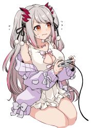 Rule 34 | 1girl, angry, blush stickers, breasts, cardigan, cleavage, cleavage cutout, clothing cutout, controller, flying sweatdrops, frown, game controller, grey hair, headgear, highres, holding, holding controller, holding game controller, indie virtual youtuber, invisible chair, jyaco, large breasts, long hair, multicolored hair, nightgown, off shoulder, official alternate costume, pink hair, purple cardigan, red eyes, single bare shoulder, sitting, sleepwear, solo, streaked hair, suou patra, sweatdrop, transparent background, virtual youtuber, wavy mouth, white nightgown